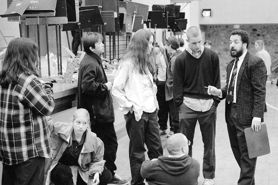 Taoufik Nadji talks with students prior to the 1996-97 catapult competition.
