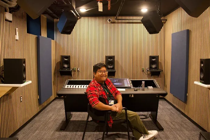 Director of Music Production & Engineering Marc Lacuesta sits at the interface in Interlochen’s new Dolby Atmos room.