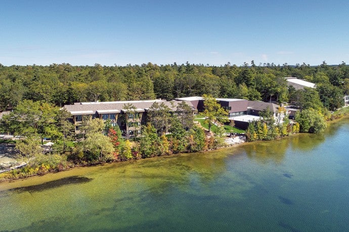 An aerial view of Dow House and The Dance Center.
