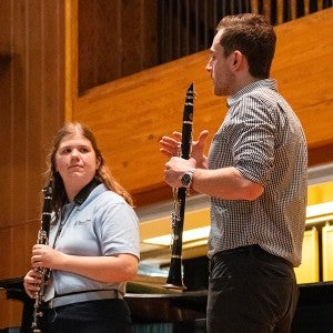 A Detroit Symphony Orchestra musician leads a clarinet master class at Interlochen's Dendrinos Chapel and Recital Hall. 