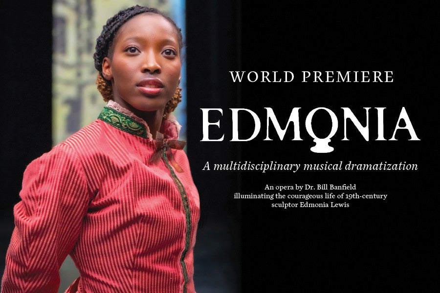 A female African American student poses as the titular character Edmonia