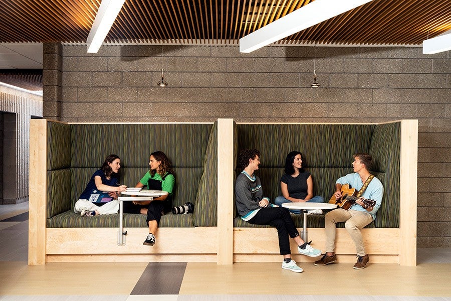 Students relax in the Music Center lounge between classes at Interlochen Arts Academy