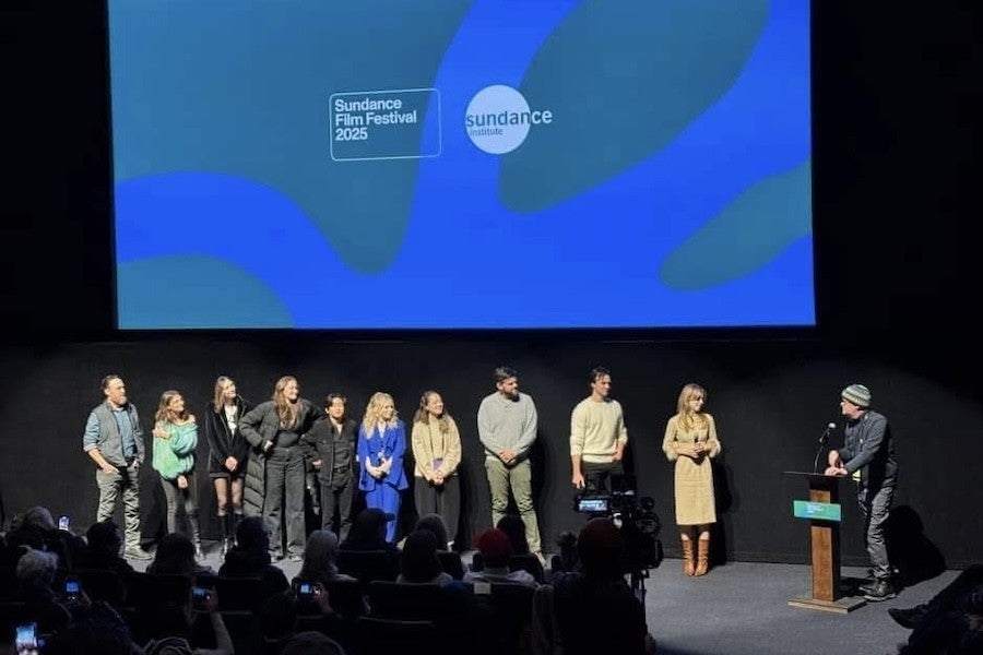 The cast and crew of Sunfish stand on stage for a Q&A after the film's world premiere at Sundance. 