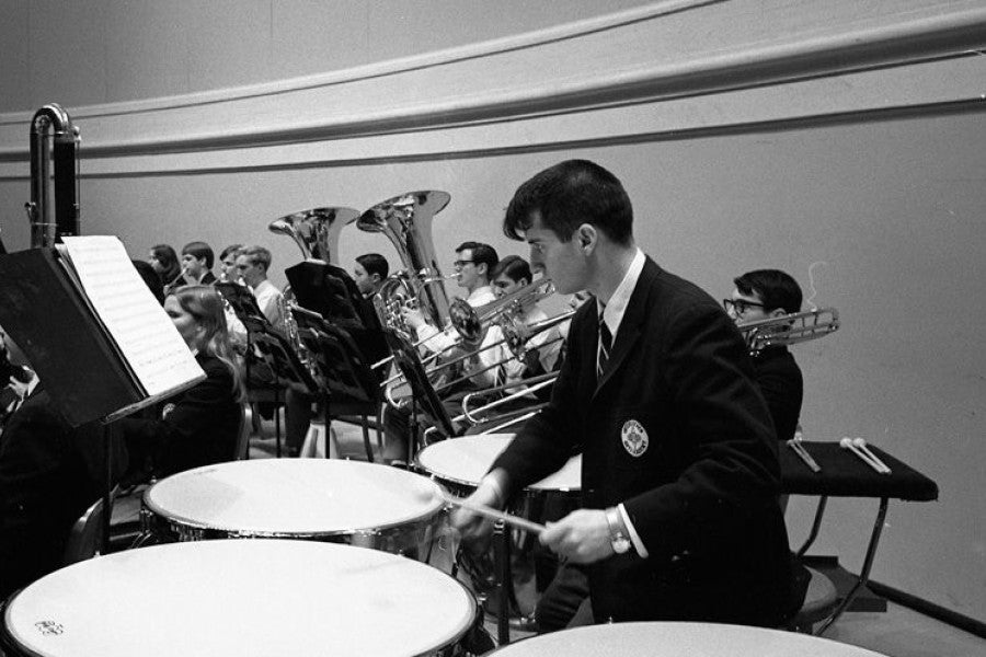Garry Kvistad plays the timpani while a student at Interlochen Arts Academy