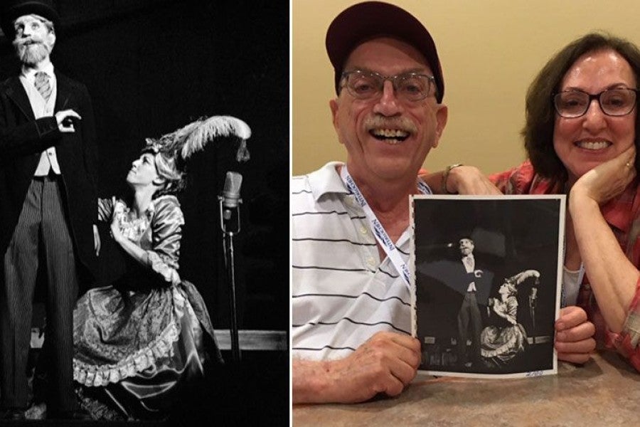 A side-by-side image of an old photo and two people posing with the photo