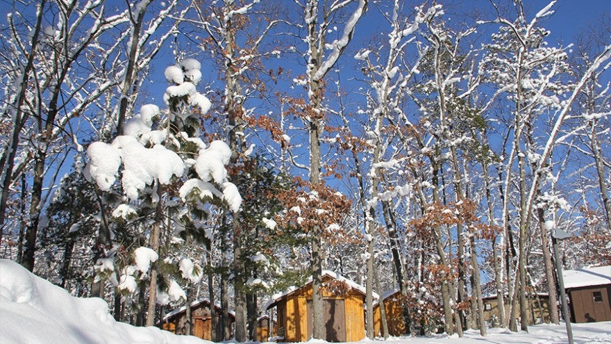 A group of small, snow-covered buildings