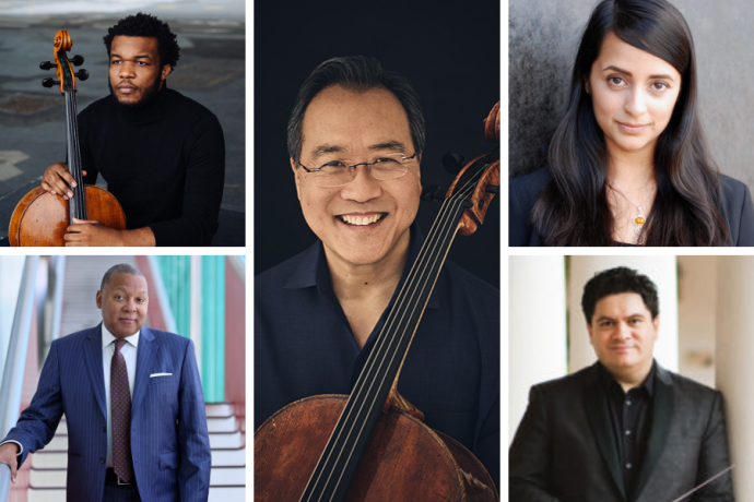Joshua McClendon, Wynton Marsalis, Yo-Yo Ma, Reena Esmail, and Cristian Macelaru